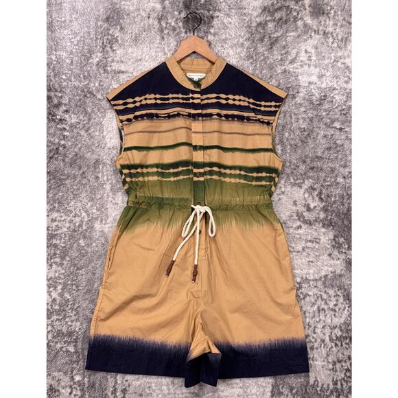 Banana Republic Romper Medium Womens Cotton Poplin Green & Navy Tie Dye - Picture 1 of 11